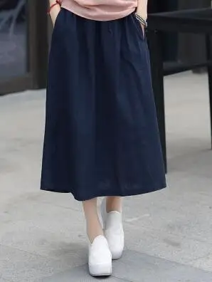 Женская Весенняя летняя юбка до середины икры, средняя талия размера плюс, одноцветная повседневная юбка, Женская винтажная юбка из хлопка и льна, S-3XL