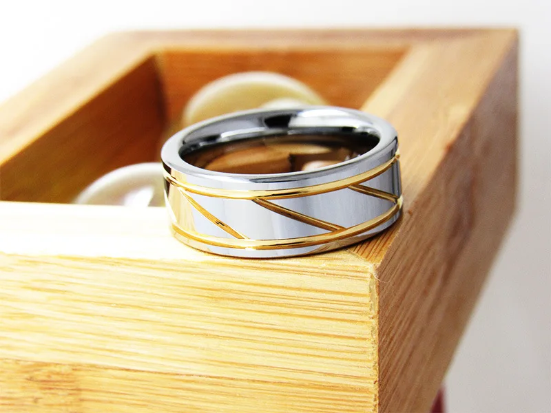 Обещающие кольца для мужчин 8 мм вольфрамовые карбидные кольца два параллельных золота с канавкой в центре косой открытый желоб модные ювелирные изделия