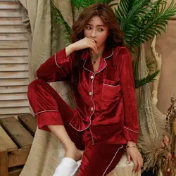 QoerliN бархат осень мода из двух частей пижамы костюмы для женщин с длинным рукавом Свободные домашняя одежда для сна цвет красного вина ночн