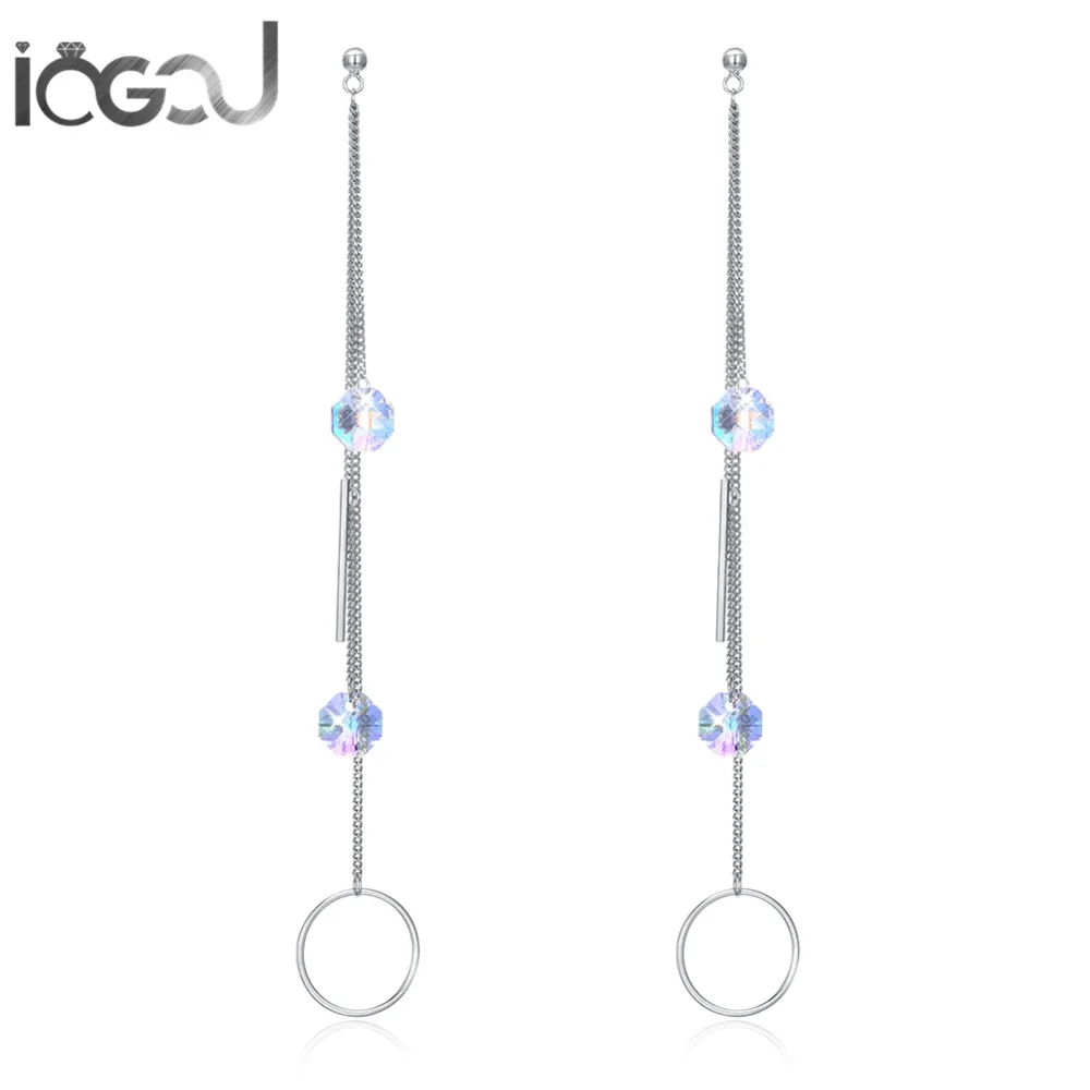 

IOGOU 925 Sterling Silver Hanging Drop Earrings Light Blue Crystal From Swarovski Round Circle Long Drop Earring for Women