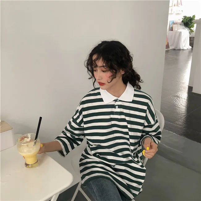 Ulzzang, летняя, с коротким рукавом, с отложным воротником, женская, большой размер, в полоску, свободная, новая, Harajuku, половина, винтажная, хлопковая футболка, топы - Цвет: green