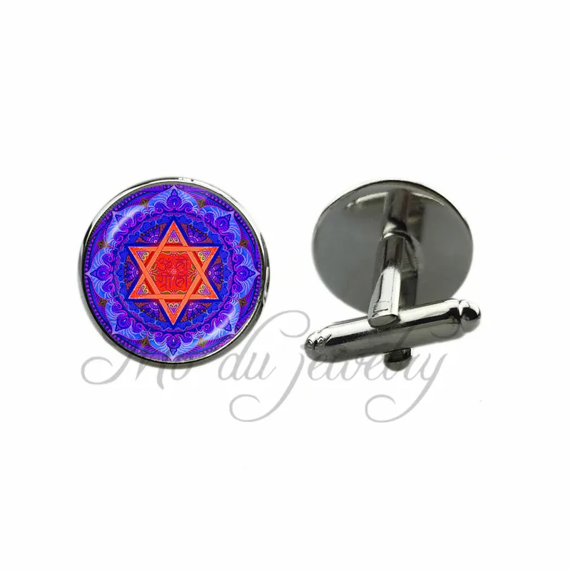 

Magen David Hexagram Cuff-Link Solomon Seal Cufflinks Black Gun Plated Blue Om Mandala Cuff Button Jewelry Accessories
