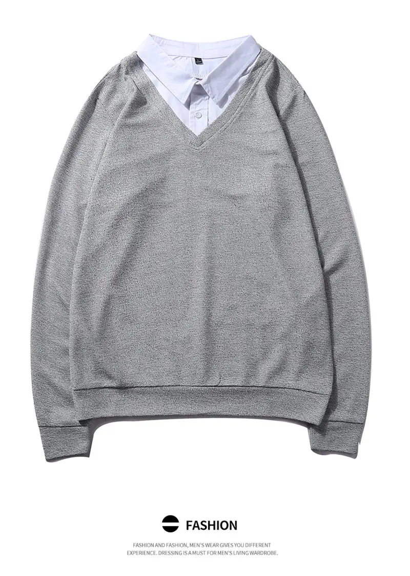 2019 New Fashion Simulation 2 Sweatshirts Male Solid Hoody False 2PCS Hoodies Men Shirt Collar Autumn Spring Winter Streetwear 08