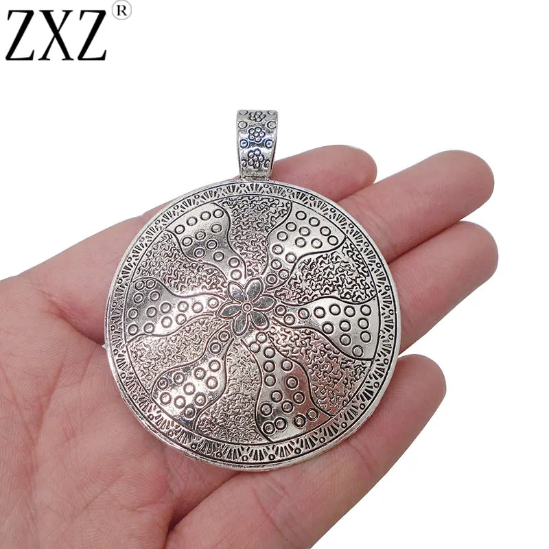 

ZXZ 2pcs Antique Silver Large Flower Circle Round Charms Pendants for Necklace Jewelry Making Findings 67x53mm