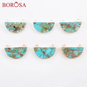 

BOROSA 5PCS Half Round Natural Copper Turquoises Gold Plated Connectors Blue Howlites Silver Double Loops Fashion Jewelry G1689