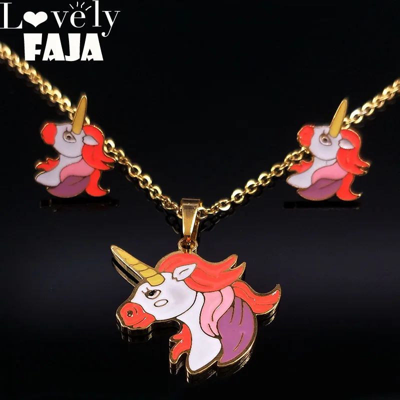 

2019 Unicorn Stainless Steel Enamel Earrings Necklace Sets for Women Gold Color Kids Jewellery for Girls aretes de mujer S178490