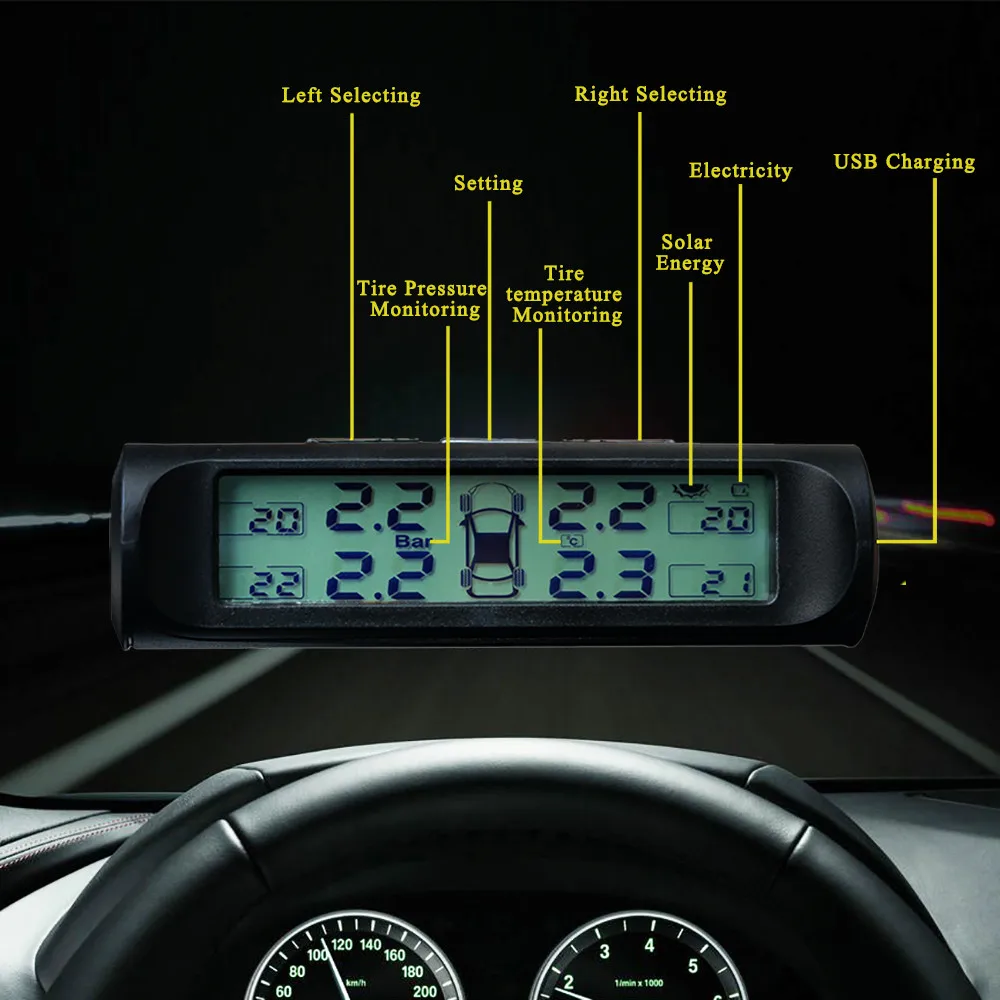 Солнечная мощность USB TPMS автомобильная система контроля давления в шинах цифровой дисплей 4 внешних датчика Сигнализация утечки Предупреждение предупреждение о температуре