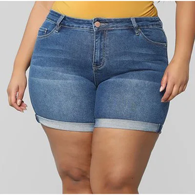 Европейские короткие джинсы деним для женщин размера плюс, синие, 3XL 4XL, летние, повседневные, свернутые, эластичные, обтягивающие шорты