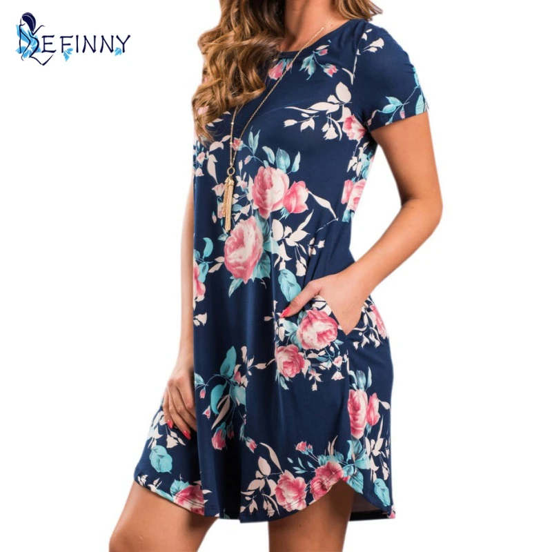 Summer O Neck Women Mini Dress Floral Print Short Sleeve Dresses Party Vestido