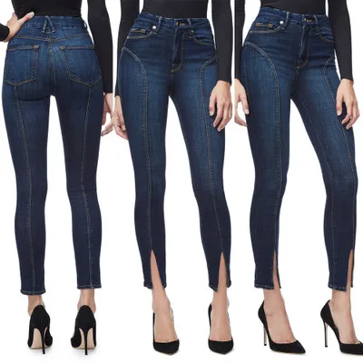 S-XXL обтягивающие узкие брюки-карандаш с высокой талией женские Стрейчевые сексуальные джинсы, джинсы облегающие раздельные брюки - Цвет: Синий