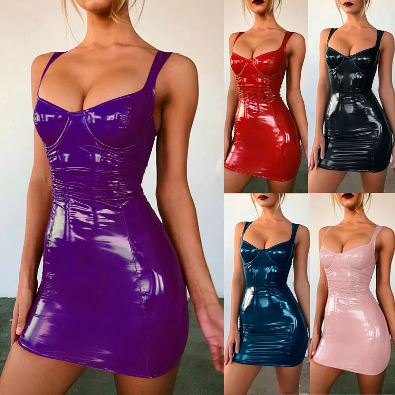 

Women Glitter Faux Leather Sleeveless Bodycon Mini Dress for Clubwear Summer FDC99