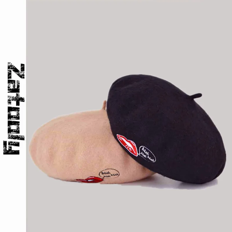 

Hot New Red lips embroidery wool beret painter hat ladies autumn winter fashion heart-shaped women bud cap