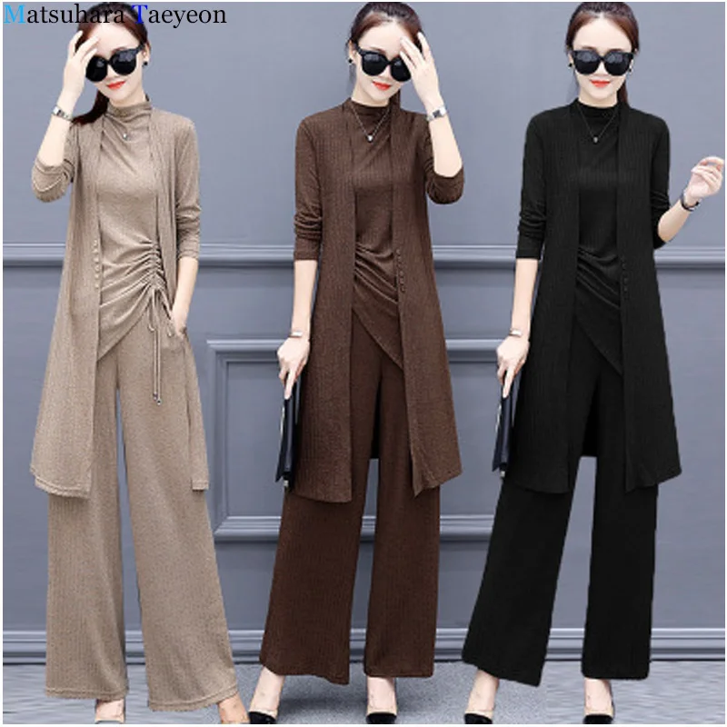 

2019 Knitted 3 Pieces Set Women Tracksuit Long Sleeve Cardigan and Sleeveless Pullover Tops and Wide Leg Pants Suit Women's Sets