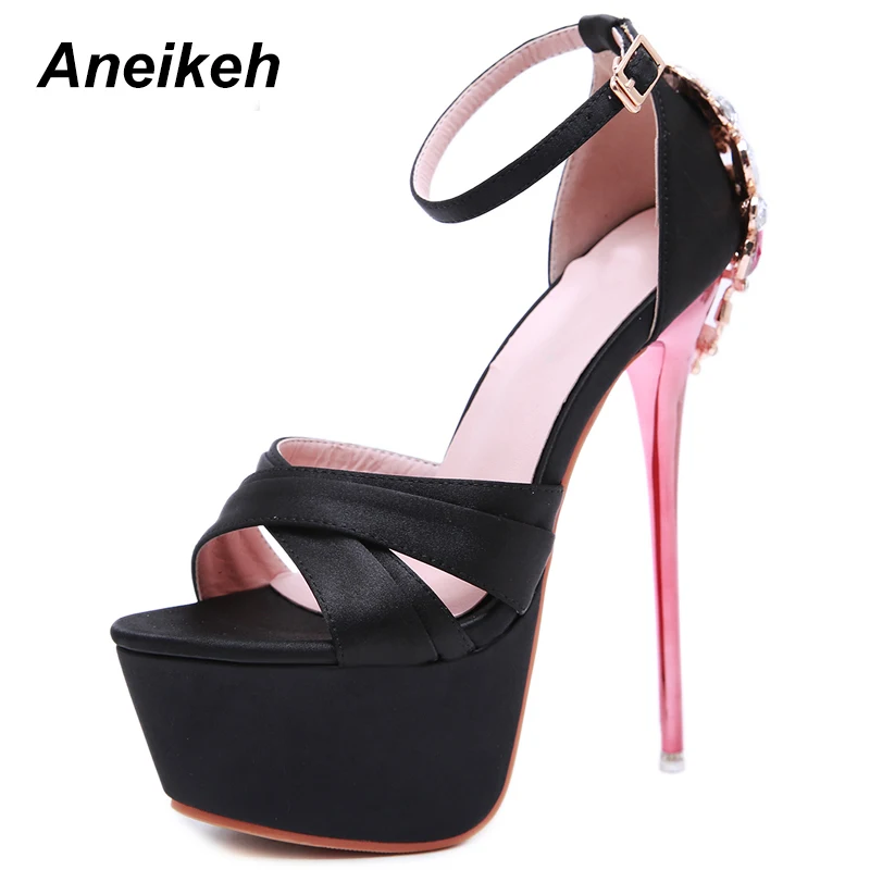 

Aneikeh 2019 Summer Silk Fashion Sexy Sandals Women Thin High Heels Shoe Beads Buckle Strap Shallow Dress Party Platform Red 40