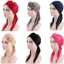 Мусульманская женская растягивающаяся индийская Кепка с цветком, шапка с длинным хвостом, шапка для выпадения волос, головной шарф, тюрбан, головной убор, исламский шарф
