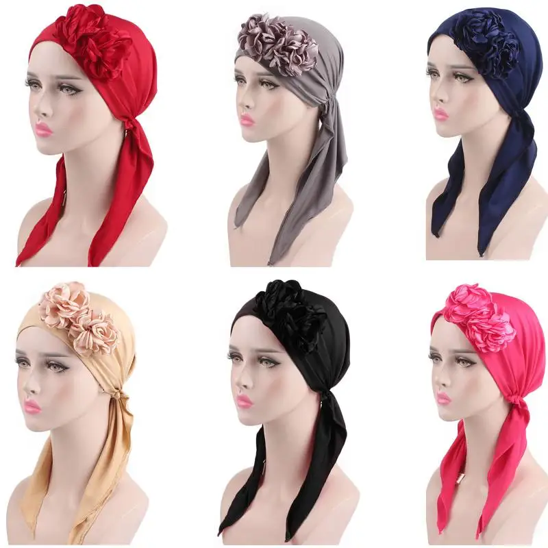 

Muslim Women Flower Stretch Indian Caps Cancer Hat Long Tail Cap Hair Loss Head Scarf Turban Head Cover Islamic Underscarf