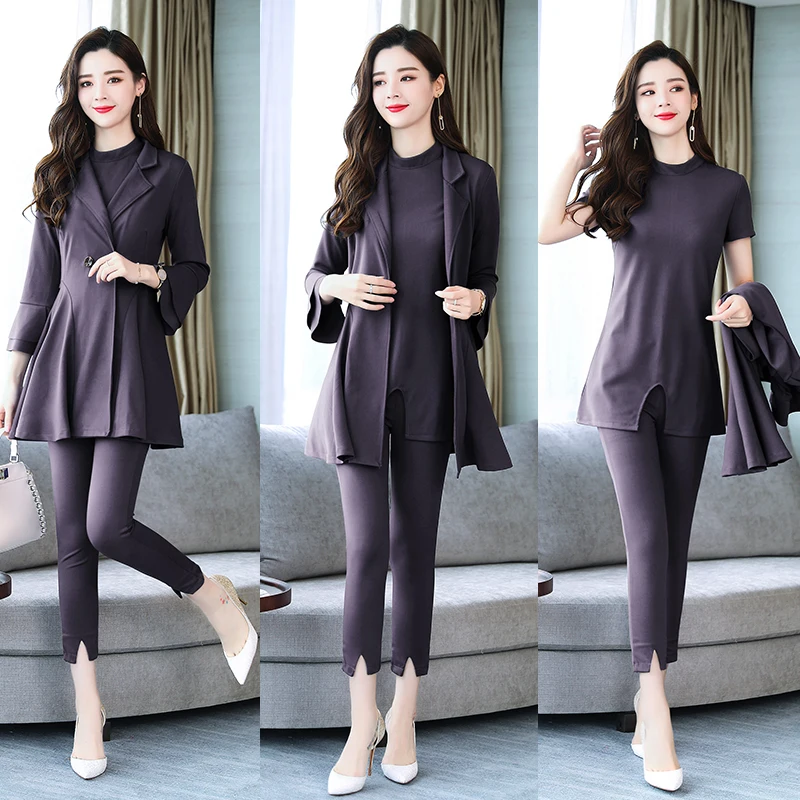 

women Three Piece Set 2018 Autumn Winter Casual Trench + Tshirt + Pants Female Office Suit Set Women 's Costume 3 Piece Set