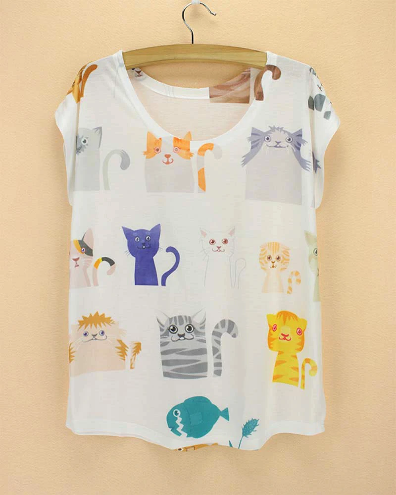 

Fashion 2015 summer tee women tshirt cats printing top tees for girls European & American stylish female t-shirt drop shipping