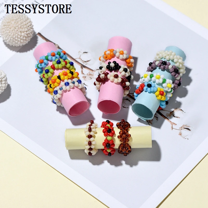 

Fashion Sand Glass Beads Handmade Multi-color Small Fower Pattern Rings Girl Diy Jewelry Knit Style Ring