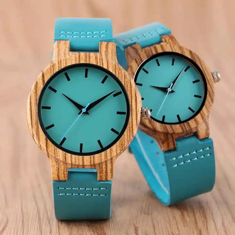 Роскошные Royal Blue Wood Watch Top Кварцевые Наручные Часы Натуральный Бамбук Часы Повседневная Кожа Подарки на День