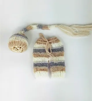 

color ful long Hat and Trousers set Newborn Baby Photography Prop Knitted Mohair Baby beanie and Stripes pants Stripes