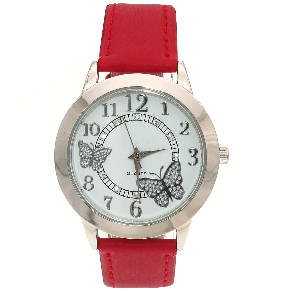 RED High Quality Ladies Wrist Watch Women Butterfly Clock Quartz Dress Watch Quartz-watch Montre Femme Relogio Feminino Kids Watch - Цвет: RED