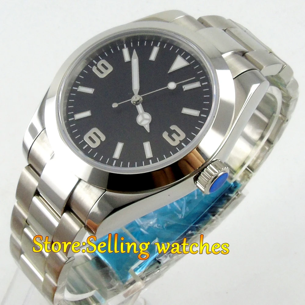 40mm parnis black dial sapphire glass automatic movement mens wrist
