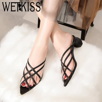 

WETKISS Luxury Mules Shoes Brand Strappy Slides Ladies Fashion Casual Shoes Women's Slippers Hot Strange Style Women Slippers