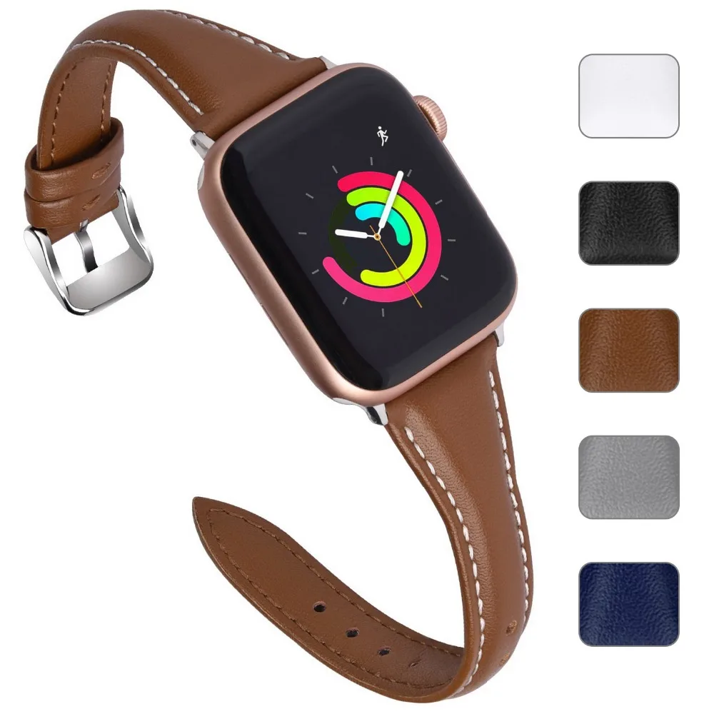 

Fullmosa Sliim Watch Band Compatible Apple Watch 38mm/42mm/40mm/44mm, 5 Colors Dainty Narrow Leather Watch Strap with Quick Rele