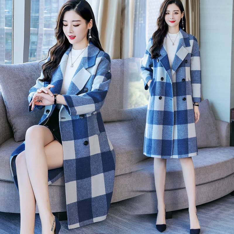 Plus Laine Longue gray Blue La Automne Carreaux Manteau Femmes Qualité Grate Pardessus Double Coffee Grid Haute D'hiver Taille De Mode Nouvelle Boutonnage À Veste r4wXrd