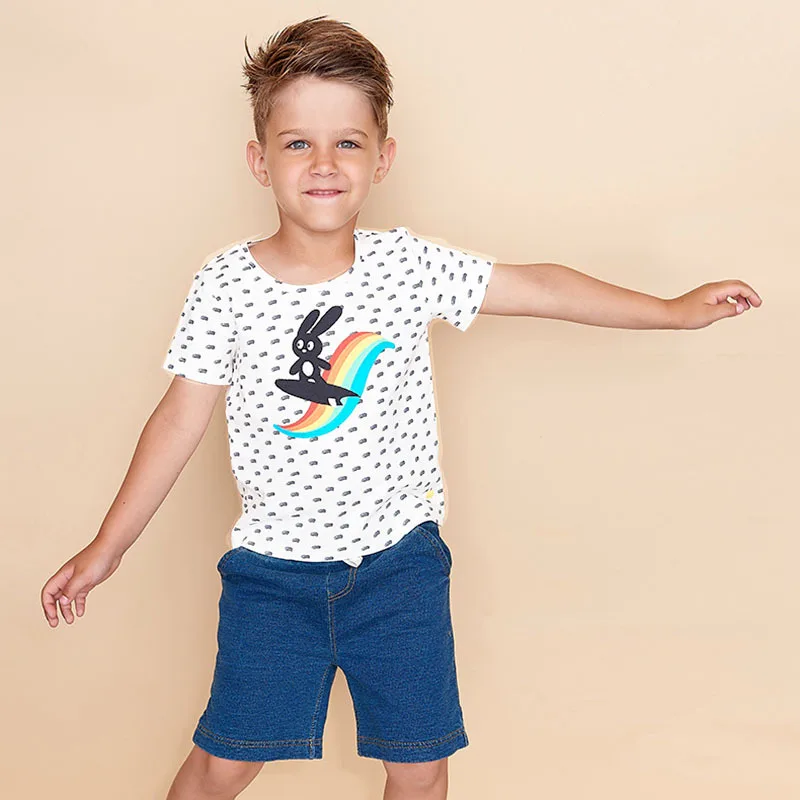 Летняя футболка с радужной вышивкой для мальчиков и девочек, детская белая хлопковая Футболка с кроликом, одежда, детские топы, одежда
