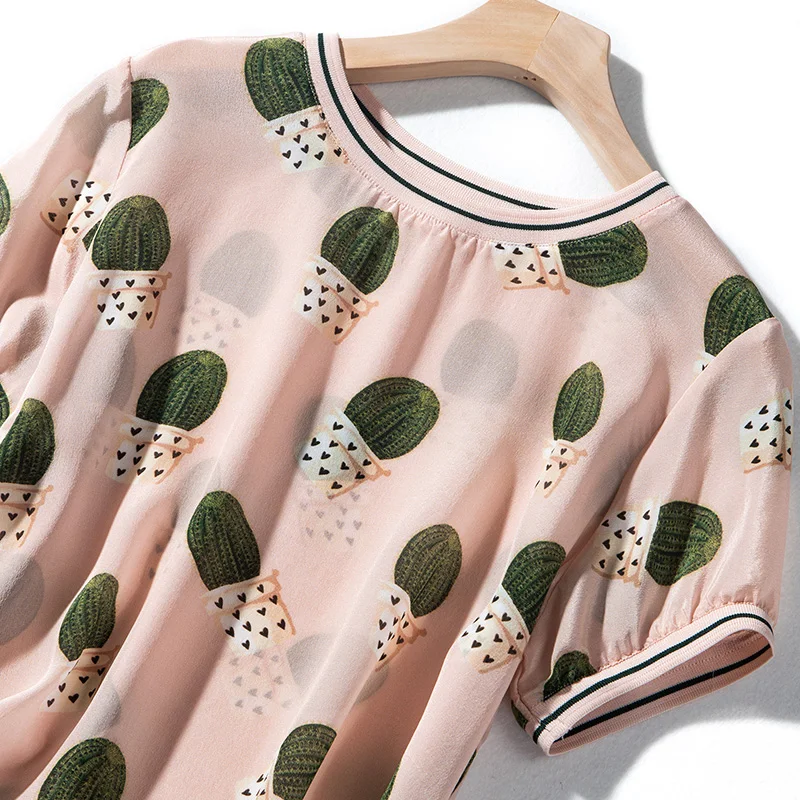Женская блузка, натуральный шелк, креп, розовая, с принтом, блузка, рубашка с круглым вырезом, весна-лето, рубашка с коротким рукавом