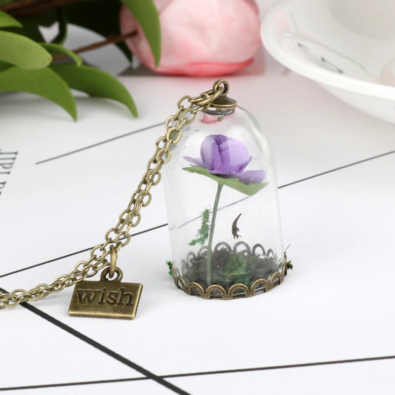 Beauty And The Beast Rose In Glass Necklace