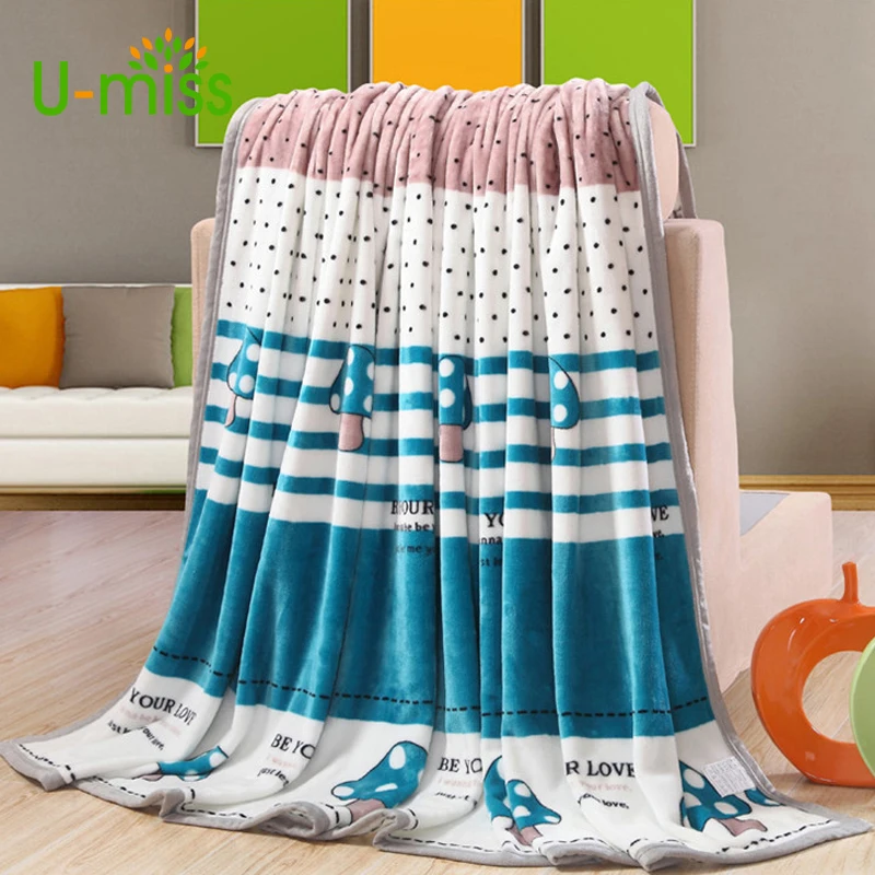 

U-miss Thicken Soft Winter Coral Wool Blanket Colorfast on The Bed 100% Polyester Fiber Stripe Rectangle Portable Blanket