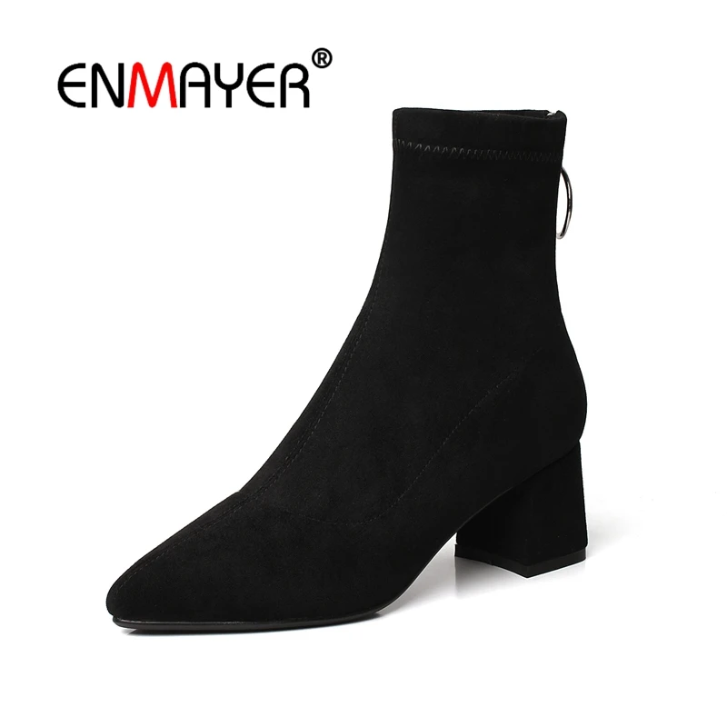 

ENMAYER Woman Ankle boots High heels Winter Shoes Women Boots Cow Suede Fashion Boots Pointed toe Thick heels Zip Metal CR1561