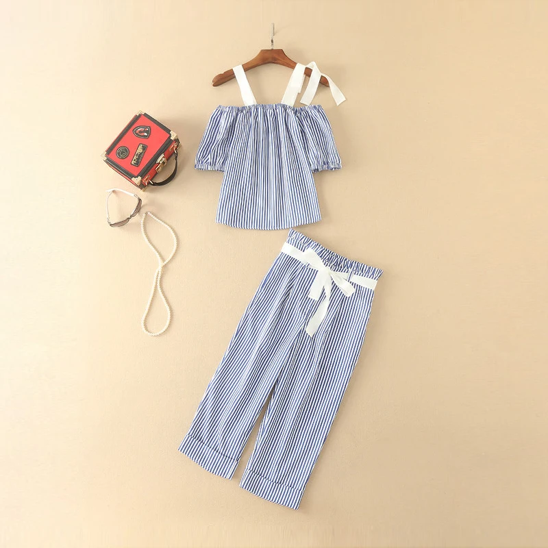 Estilo europa 2017 Latest Verão New Arrival Casual Barra do pescoço Manga Curta Top + Bezerro Comprimento Calças Terno Listrado mulheres 12185