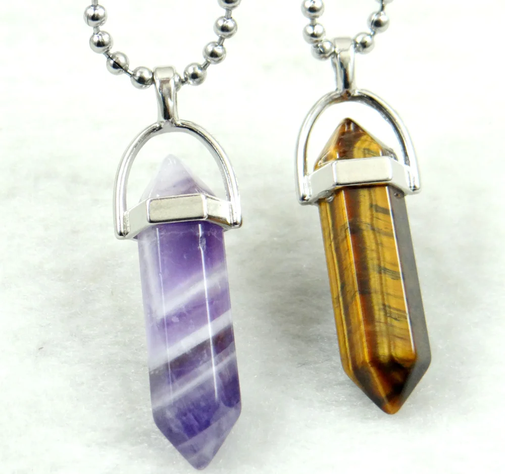 

Natural stone Quartz Crystal labradorite Opal Mix Stone Hexagonal Column Pendant stainless steel Necklace women Fashion Jewelry