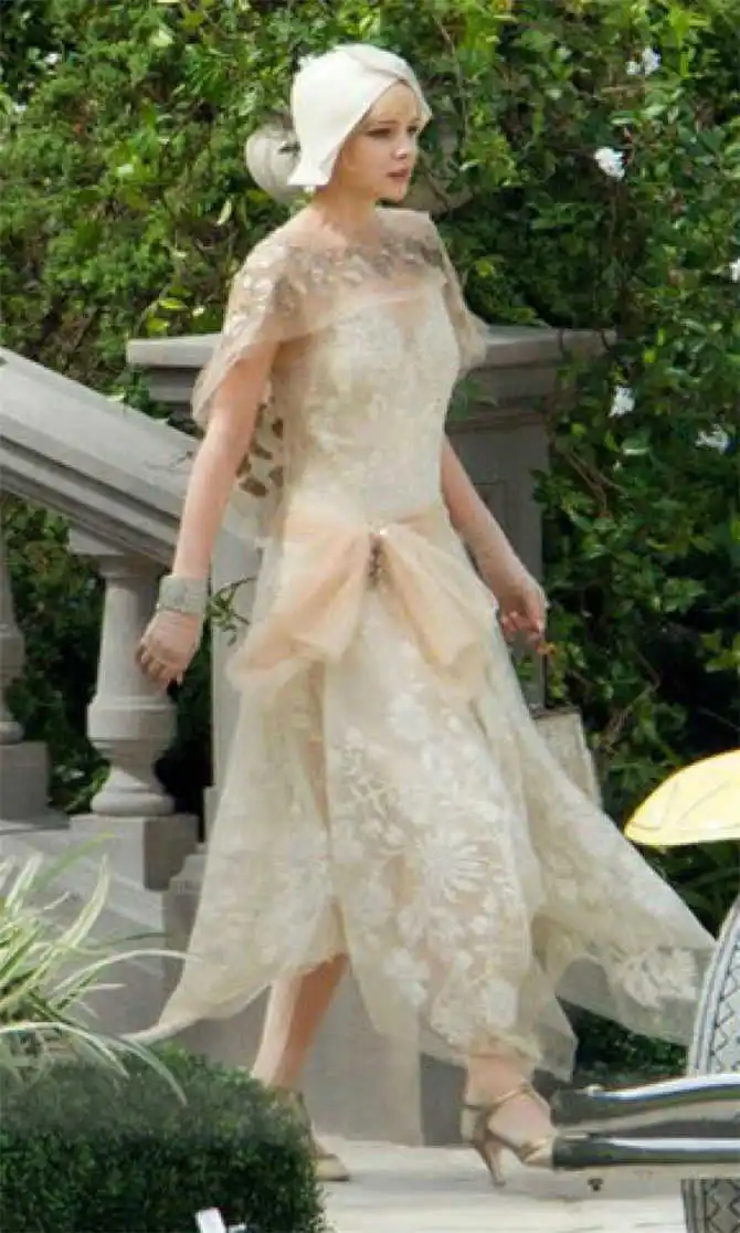 Great Gatsby Celebrity Dress Carey Mulligan Champagne Beaded Flowers Great Gatsby Celebrity Dress Carey Mulligan Champagne Beaded Flowers Asymmetric With Tippet V Neck Illusion Imitation Party Gown In Inspired