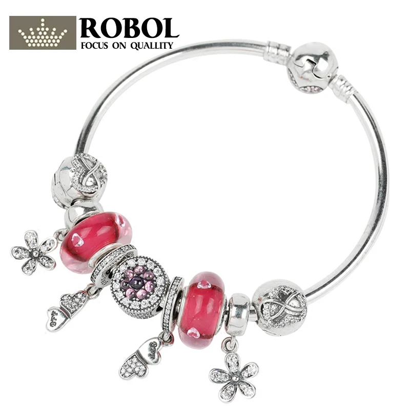 

ROBOL 100% 925 Sterling Silver Brand New 1:1 Genuine Dazzling Flower Daisy Charm Bracelet Cherry Red Love Ladies Bracelet Set