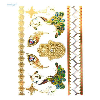 

New DIY Flash Tattoo Gold Silver Metallic Temporary Tattoos Golden mandela peacock bracelet body art makeup for girl tattoo 074