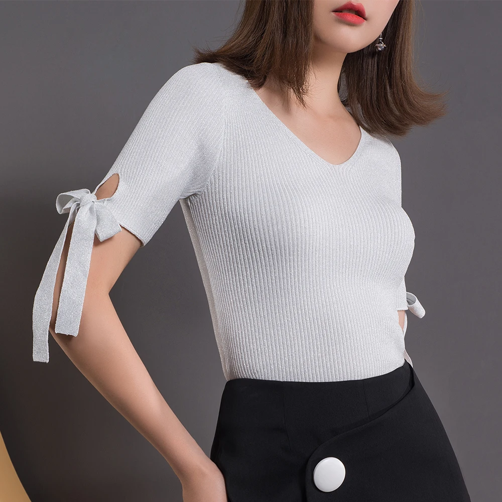 Dur Bonbon 2017 Summer New Stretch Lurex Thin Knitted Tops Women Solid Bow Short Sleeves Pullovers Female V-Neck Knit Sweater | Женская