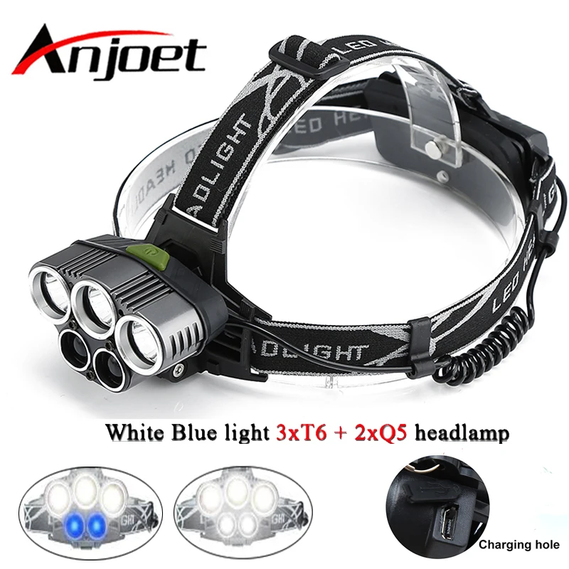 

Anjoet Waterproof Headlamp 5 Light 5000LM T6 LED 5 MODE Rechargeable USB Headlight Flashlight Torch Lamp Use 18650 Battery