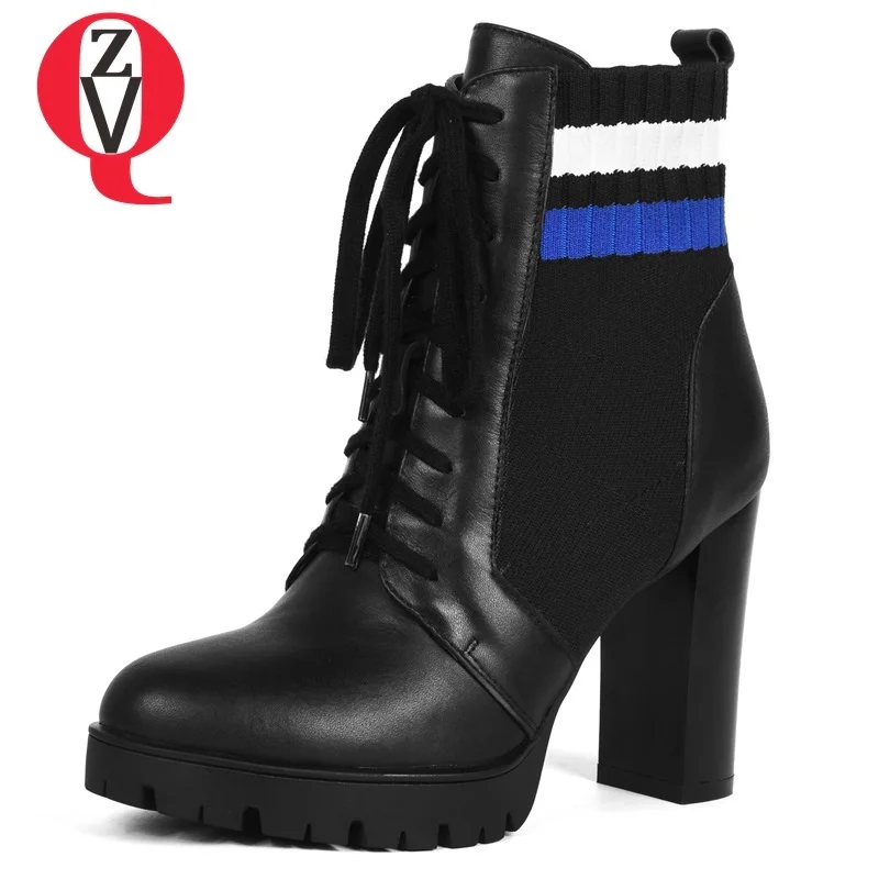 

ZVQ new popular fashion round toe mixed colors genuine leather women shoes super high square heel platform lce-up ankle boots