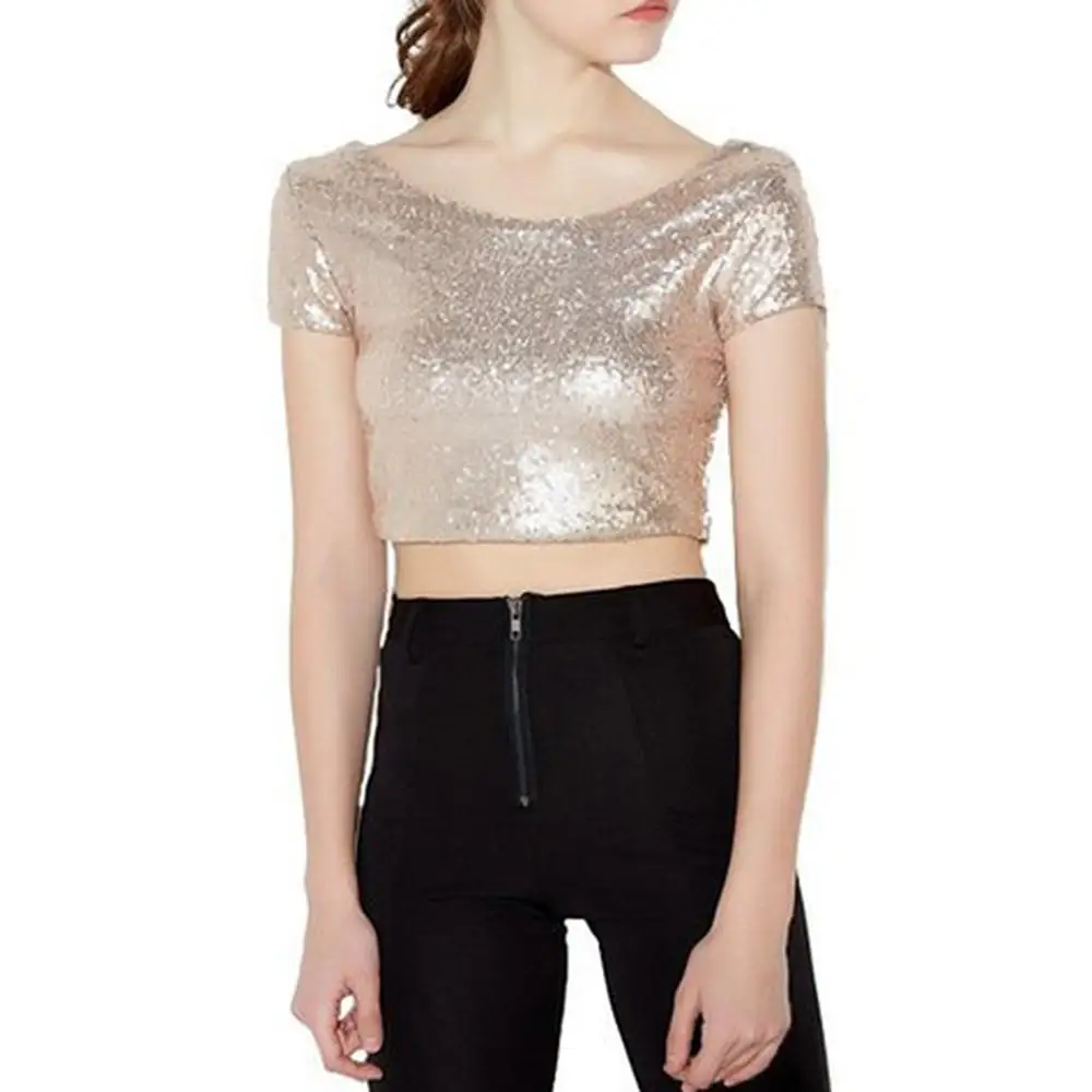 

Summer Crop Tops 2019 Fashion Womens Sequin Cropped Top O-Neck Tee Shirt Short Sleeve Casual T-shirt Female Solid Shiny Tshirt
