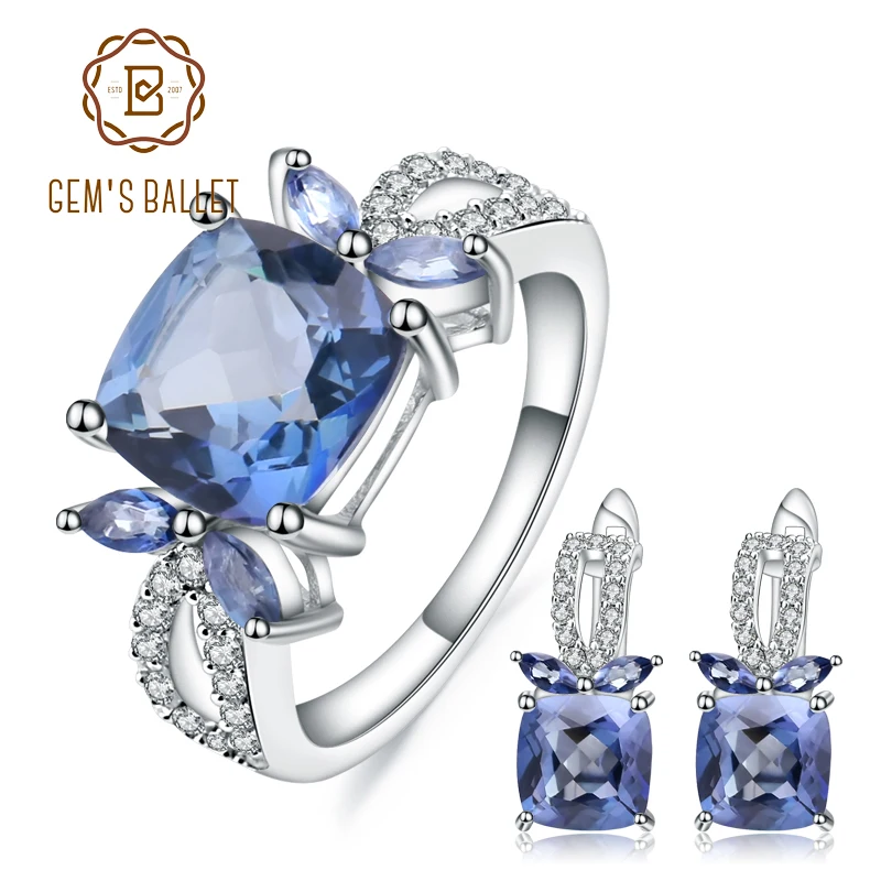 

GEM'S BALLET Natural Iolite Blue Mystic Quartz Vintage Jewelry 925 Sterling Silver Earrings Ring Set For Women Fine Jewelry
