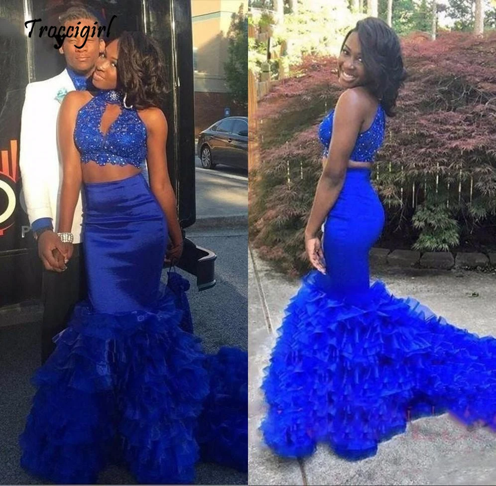 

Royal Blue Two Piece Prom Dresses 2018 African High Neck Tired Skirts Cascading Ruffles Beaded Evening Gown for Black Girl