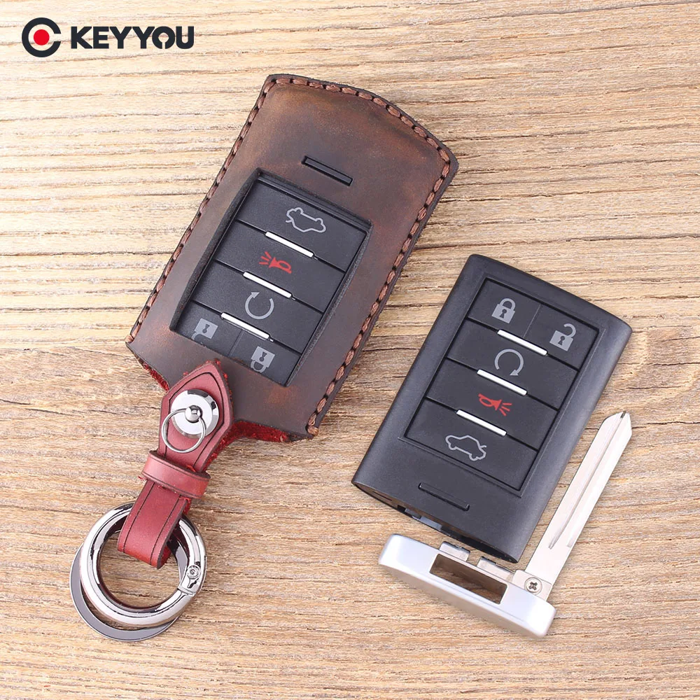 

KEYYOU Genuine Leather Car Key Case Key Shell For CADILLAC CTS XTS DTS Remote Key Cover Fob 5 Buttons With Blade