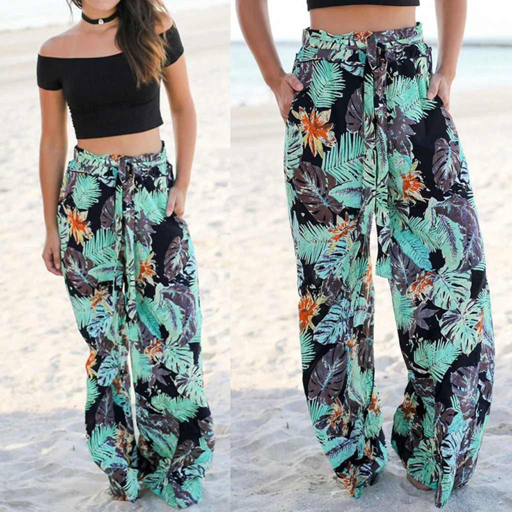 

Summer Leaves Print Women Hihg Casual Pants Pockets Drawstring Wide Leg Trousers Leggings Sport Fitness Push Up Workout Clothes