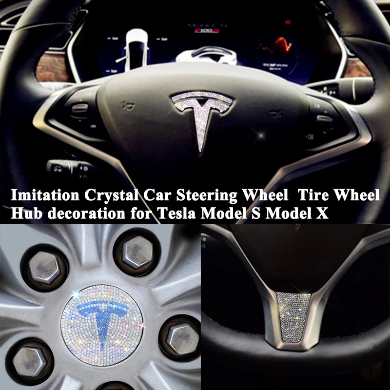 Imitation Crystal Car Steering Wheel Emblem Decoration Wheel Hub Cover Logo Sticker Styling Accessory for Tesla Model S Model X