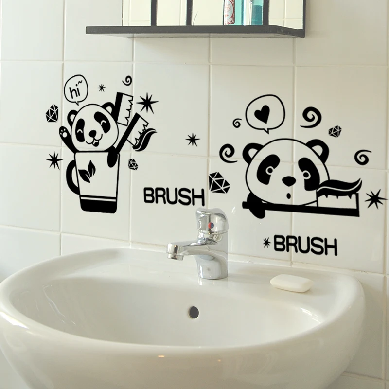 Black Color Panda Brush Teeth Toilet StickersBathroom Wall Decorative